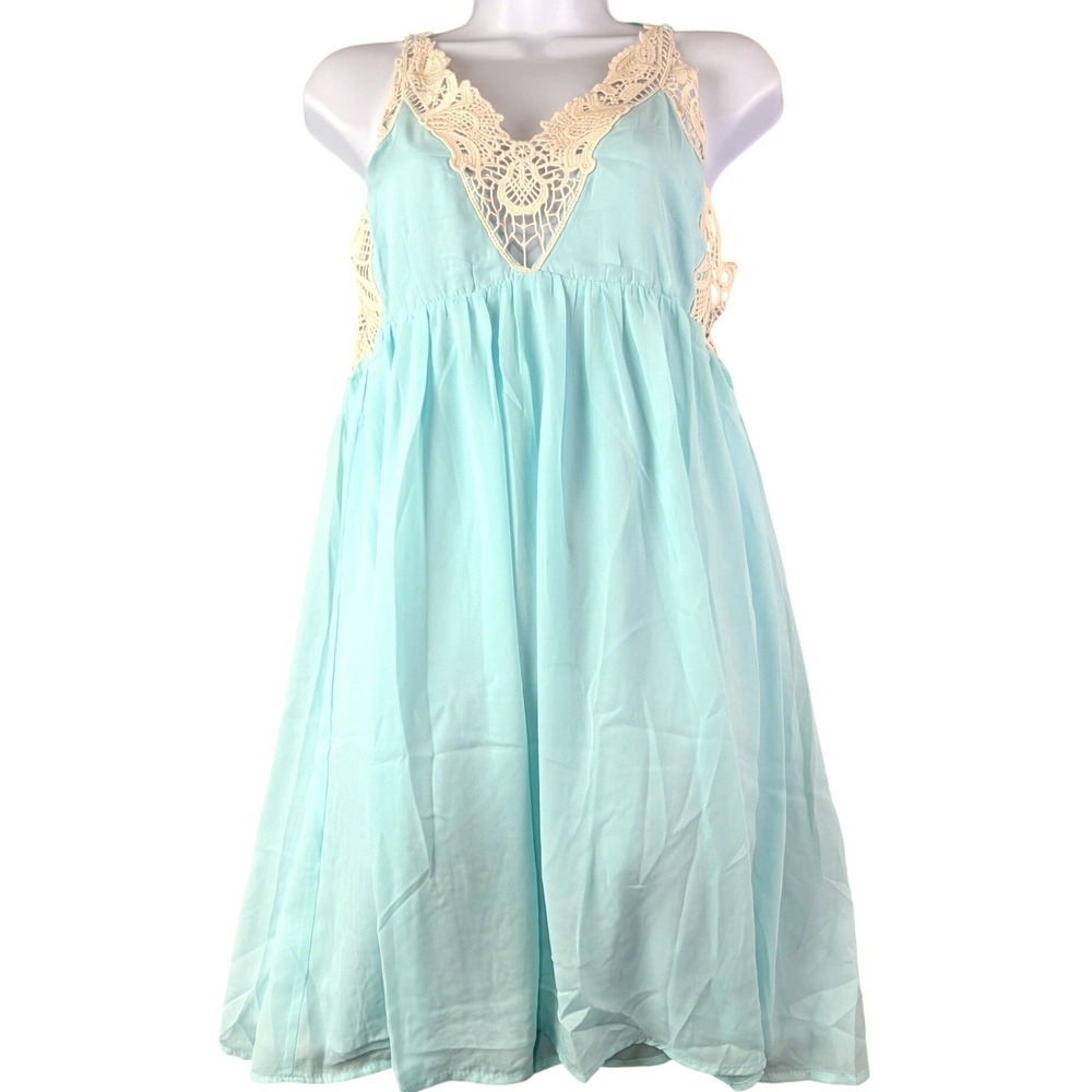 Paper Crane Small Aqua Blue Babydoll Dress Crochet Lace Strappy Boho Mini NWT‎